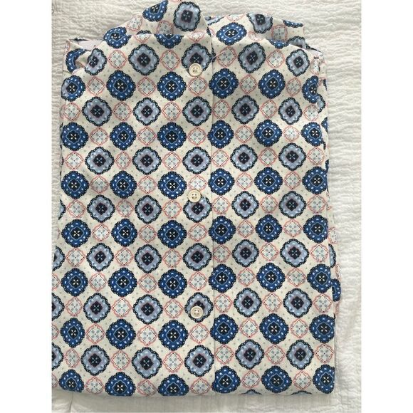CLUB ROOM GEO PRINT BLUE BEIGE SILK BLEND SHORT SLEEVE BUTTON FRONT SHIRT NEW - Picture 5 of 5